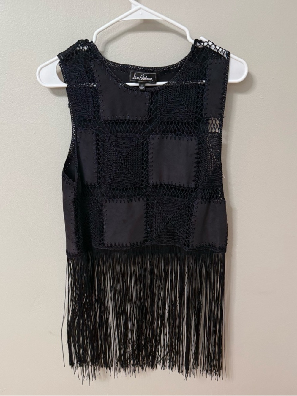 Women’s Black Fringe Tassel Crochet Short Sleeve Blouse Small Western Festival